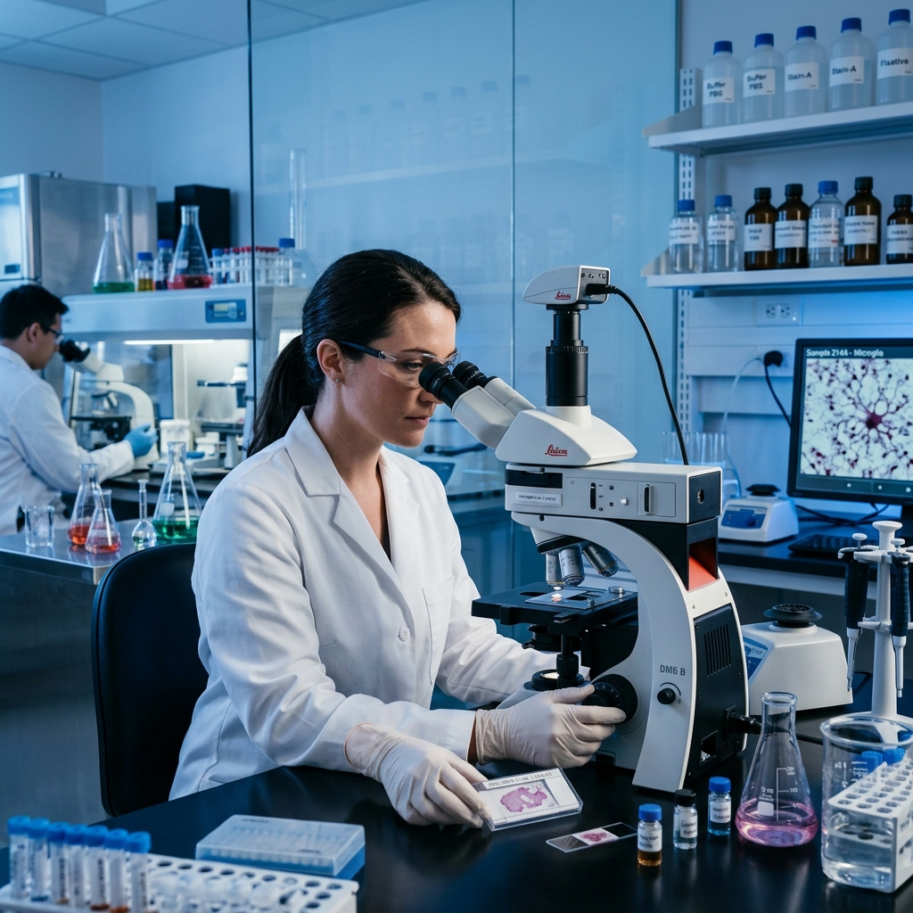Scientist reviewing tissue histology imagery in the laboratory
